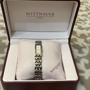 Wittnauer 1990s Ladies Quartz Two-Tone Bangle Watch Tank Sapphire Crystal Swiss